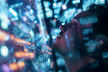Futuristic Man Staring at Digital Interface with Holographic Data Visualization