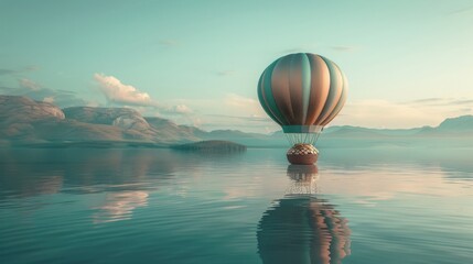 A hot air balloon with a basket full of coins floating over a picturesque valley theme, front view, symbolizing elevated wealth, futuristic tone, Complementary Color Scheme