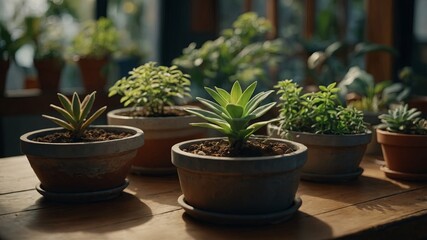 A close up of a table with a bunch of plants in pots.