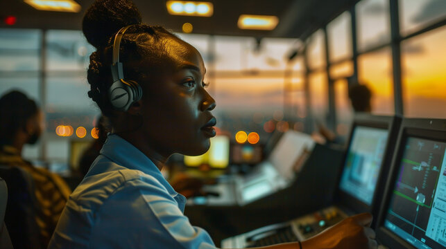 Woman air traffic controller works in control tower.