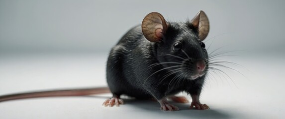 A black mouse sitting on a white surface Laboratory animal, testing model for research.