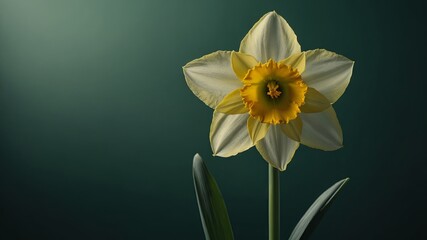 A lone daffodil in the upperright third of the frame, with a flat, muted green background. © Den Boro Day