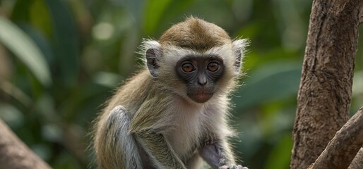 Obraz premium A baby vervet monkey, Chlorocebus pygerythrus, nursing.