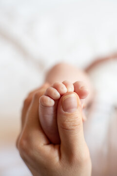 Sweet baby foot in mom's hands. Mother massaging her child's foot. Mom checks the reflex of the child moving her fingers on foot.