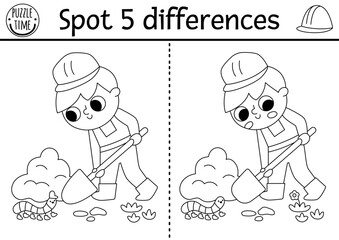 Find differences black and white game. Construction site educational activity with boy digging pit. Cute puzzle for kids with funny worker. Printable worksheet, coloring page for logic and attention