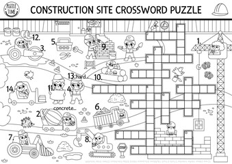 Vector black and white crossword puzzle for kids with construction site landscape. Quiz with workers, industrial vehicles. Educational cross word activity or coloring page with building works scene