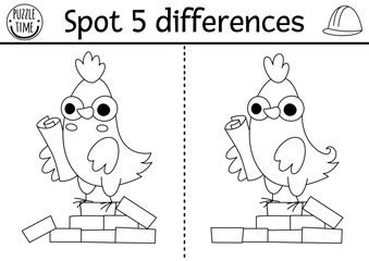 Find differences black and white game. Construction site educational activity with hen architect on brick pile. Cute puzzle for kids with worker. Printable worksheet, coloring page for logic skills