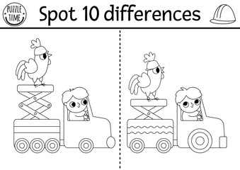 Find differences black and white game for children. Construction site educational activity with boy driver in auto tower. Cute puzzle, coloring page for kids with worker. Printable worksheet