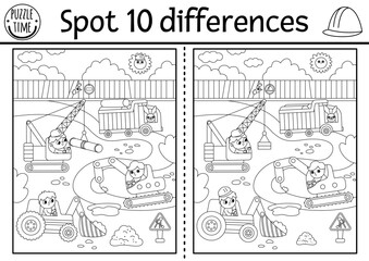 Obraz premium Find differences black and white game for children. Educational activity with workers repairing road. Puzzle for kids with builders. Printable worksheet, coloring page with construction site scene