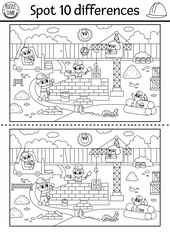 Find differences black and white game for children. Educational activity with workers. Puzzle for kids with builders. Printable worksheet, coloring page with construction site scene