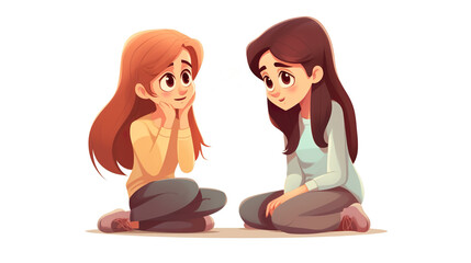 Girl sitting alone on a white background, comforting her friend who is crying