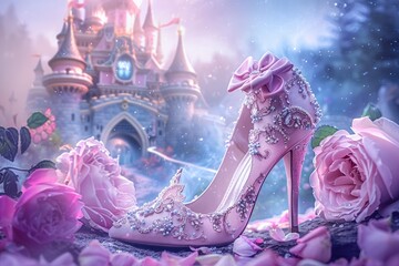 A whimsical high heel designed for a fairy-tale princess, made of shimmering pink satin with a delicate lace overlay and a glittering bow on the toe. 