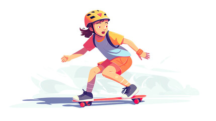 Fototapeta premium Girl skating on a skateboard while wearing safety goggles, isolated on a white background