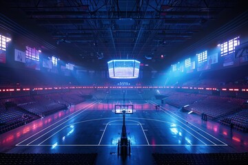 Empty Indoor Basketball Arena with Modern Lighting and Digital Scoreboard