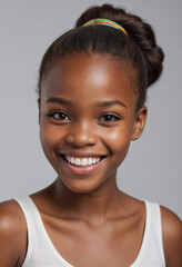 Portrait view of a regular happy smiling Congo girl, ultra realistic, candid, social media, avatar image, plain solid background