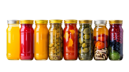 colorful pickled vegetables in jars isolated on transparent background