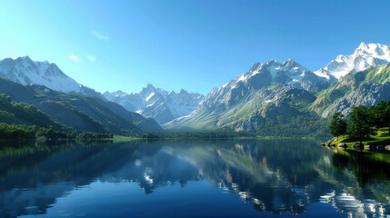 Fototapeta premium Scenic view of serene mountain lake reflecting snow-capped peaks and lush green forest under a clear blue sky. High Quality