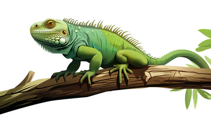 Fototapeta premium Isolated green iguana on a branch against a white background