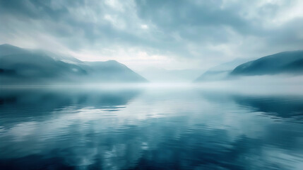 Fototapeta premium Serene misty mountain lake reflecting cloudy sky, creating a tranquil, ethereal scene of natural beauty and peaceful solitude. High Quality