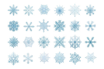 Set of blue snowflakes isolated on transparent background