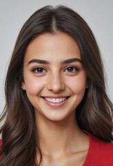 Portrait view of a regular happy smiling Azerbaijan girl, ultra realistic, candid, social media, avatar image, plain solid background