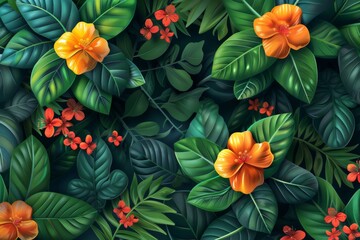 Tropical Floral Tapestry: A Lush Green and Orange Symphony