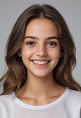 Fototapeta premium Portrait view of a regular happy smiling Israel girl, ultra realistic, candid, social media, avatar image, plain solid background