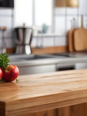 wooden table on blurred kitchen