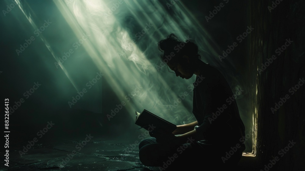Poster moody silhouette of a person reading a book in dim light. soft rays of sunlight pierce through the s