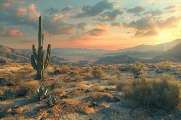 Stunning Desert Landscape at Sunset with Cactus and Mountain Range in the Background