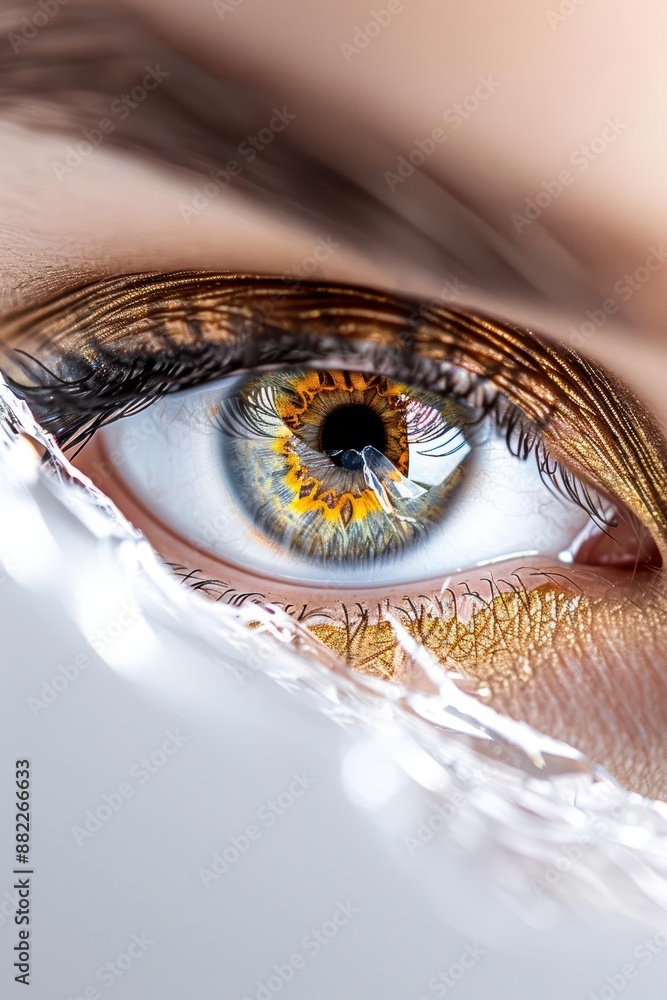 Poster close-up of a human eye with intricate details and vibrant colors, surrounded by reflective elements
