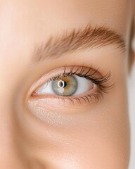 Fototapeta premium Close-up of a human eye with natural green color, showing detailed iris pattern and fine eyelashes, focused on the eye's intricate texture.