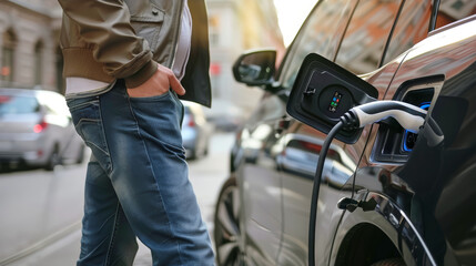 Ultra-Realistic Image of a Man Charging Electric Car on City Street