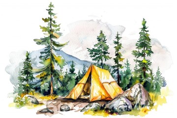 Water Color Camping. Hand Drawn Watercolor Illustration of Hiking Tent in Nature