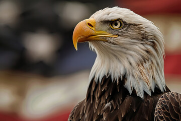 majestic bald eagle with sharp features and intense gaze, symbolizing strength and freedom, set against a blurred American flag backdrop, capturing the essence of national pride.