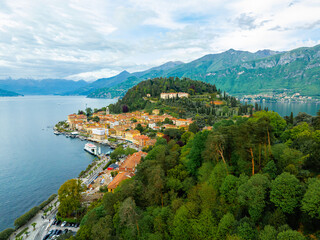Aerial drone photo of the town of Belagio on Lago di Como, Italy in spring