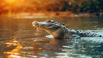 Obraz premium Crocodile swimming in a river with sunlight reflecting on the water, creating a serene scene.
