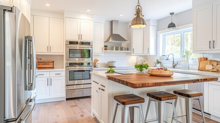 Modern Kitchen with White Cabinets and Wooden Countertop