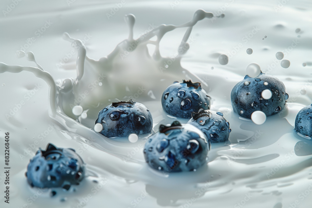 Poster ripe blueberries with water droplets splashing into a pool of milk creating a refreshing swirl
