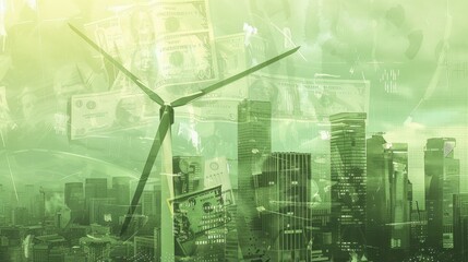 A wind turbine powered by rotating banknotes in a vast field theme, front view, symbolizing renewable wealth, futuristic tone, Complementary Color Scheme