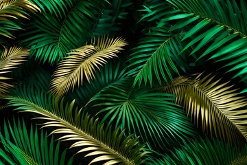 Creative nature background. Gold and green tropical palm leaves. Minimal summer abstract jungle or forest pattern.