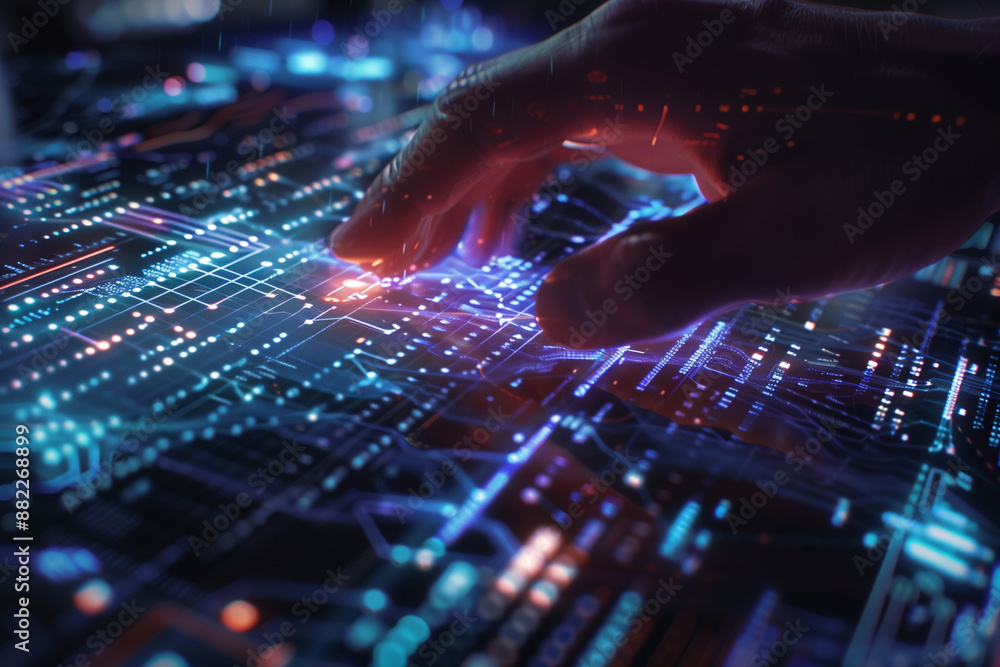 Poster a close-up of a human hand interacting with a holographic keyboard, projecting lines of code and dat