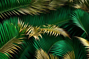 Creative nature background. Gold and green tropical palm leaves. Minimal summer abstract jungle or forest pattern.
