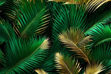 Creative nature background. Gold and green tropical palm leaves. Minimal summer abstract jungle or forest pattern.