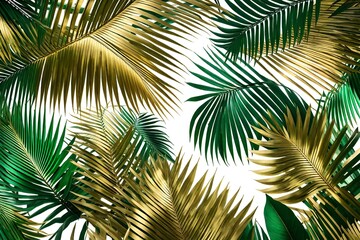 Creative nature background. Gold and green tropical palm leaves. Minimal summer abstract jungle or forest pattern.