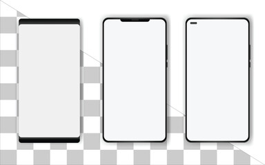 Set of realistic models smartphone with transparent screens. Smartphone mockup collection. Phone mockup in front. Mobile phone with shadow.