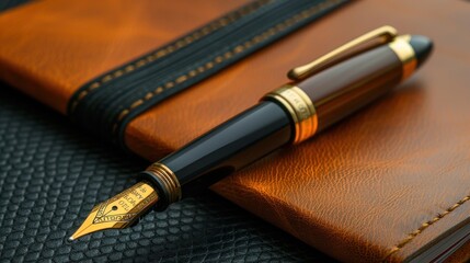 A fountain pen writing with ink made of liquid gold on a vintage parchment theme, front view, symbolizing opulent creativity, futuristic tone, Complementary Color Scheme