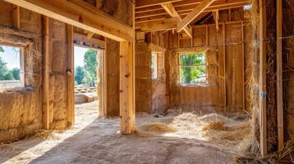 Straw Bale Construction. Inside View of Eco-Friendly Clay House with Sustainable Straw Material