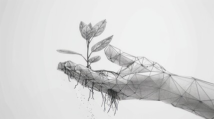 Hand Giving Plants with Low Poly Wireframe