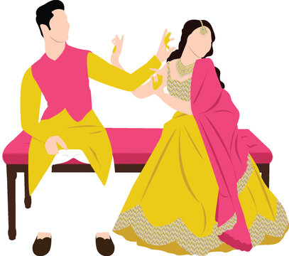 haldi ceremony bride and groom posing for indian haldi function clipart isolated on white background. beautiful indian wedding haldi couple for invitation card. - Powered by Adobe